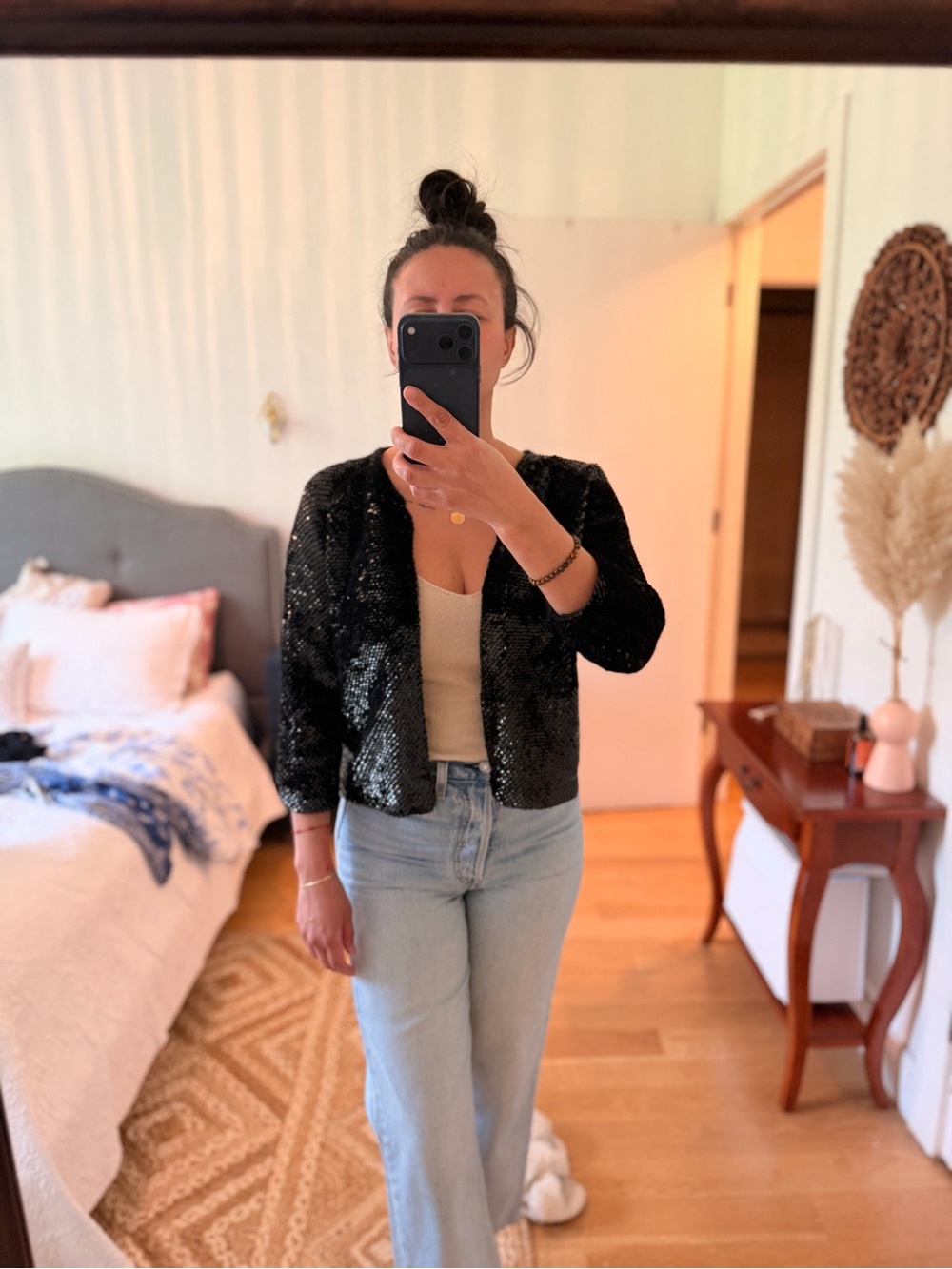 Black Sequin Women's Open Front Sweater